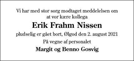 Dødsannoncen for Erik Frahm Nissen - Borrisvej 27, 6900 Skjern