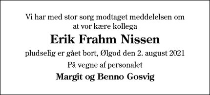 Dødsannoncen for Erik Frahm Nissen - Borrisvej 27, 6900 Skjern