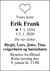 Dødsannoncen for Erik Frank - Hillerød