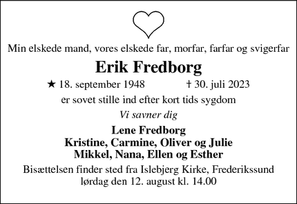 Dødsannoncen for Erik Fredborg - Frederikssund