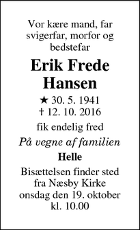 Dødsannoncen for Erik Frede Hansen - Odense