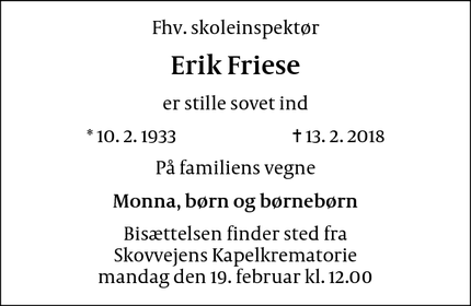 Dødsannoncen for Erik Friese - Værløse