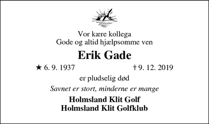 Dødsannoncen for Erik Gade - Ringkøbing