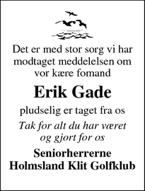Dødsannoncen for Erik Gade - Ringkøbing