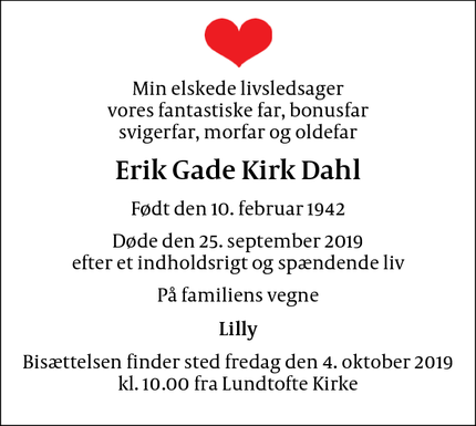Dødsannoncen for Erik Gade Kirk Dahl - Lyngby