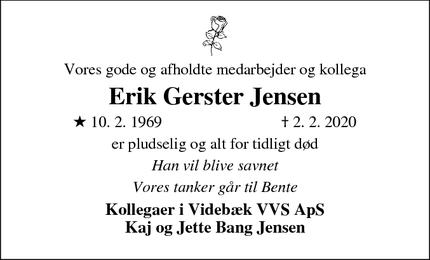 Dødsannoncen for Erik Gerster Jensen - Foersum