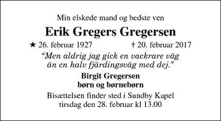 Dødsannoncen for Erik Gregers Gregersen - Dragør