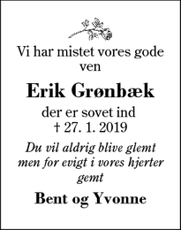 Dødsannoncen for Erik Grønbæk - Videbæk