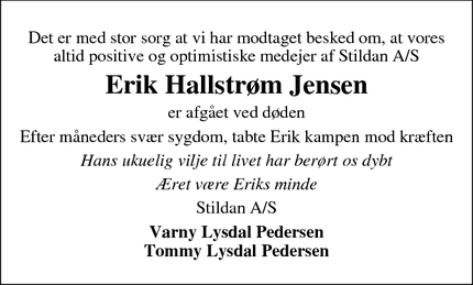 Dødsannoncen for Erik Hallstrøm Jensen - Silkeborg