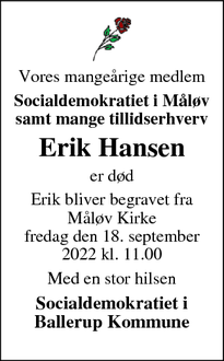 Dødsannoncen for Erik Hansen - Ballerup