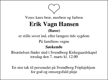 Dødsannoncen for Erik Vagn Hansen - Svendborg