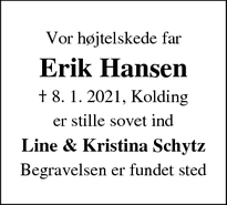 Dødsannoncen for Erik Hansen - Kolding