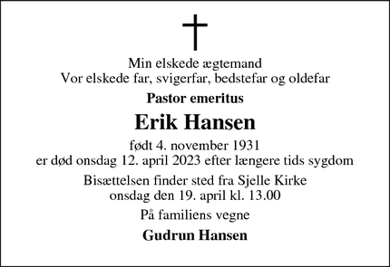 Dødsannoncen for Erik Hansen - Galten