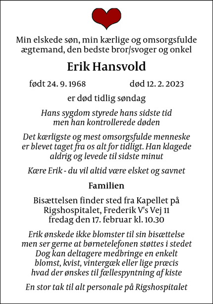 Dødsannoncen for Erik Hansvold - København Ø