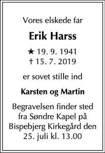Dødsannoncen for Erik Harss - Brøndby