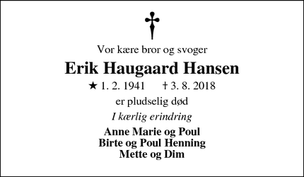 Dødsannoncen for Erik Haugaard Hansen - Skive