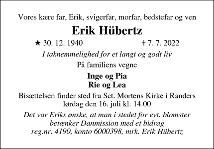 Dødsannoncen for Erik Hübertz - 8900 Randers