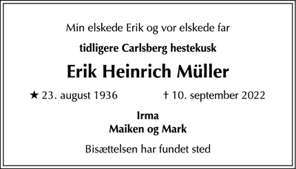 Dødsannoncen for Erik Heinrich Müller - Vanløse