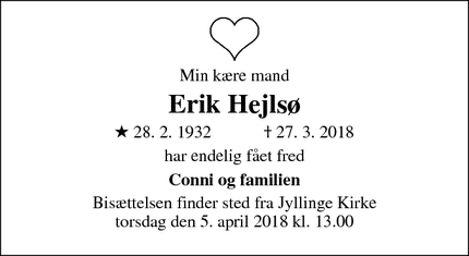 Dødsannoncen for Erik Hejlsø - Jyllinge