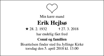 Dødsannoncen for Erik Hejlsø - Jyllinge