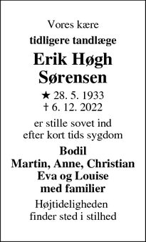 Dødsannoncen for Erik Høgh
Sørensen - Kalundborg