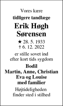 Dødsannoncen for Erik Høgh
Sørensen - Kalundborg