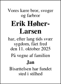 Dødsannoncen for Erik Høher-Larsen - Middelfart