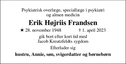 Dødsannoncen for Erik Højriis Frandsen - Brobyværk