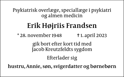 Dødsannoncen for Erik Højriis Frandsen - Brobyværk
