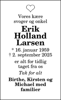 Dødsannoncen for Erik Holland Larsen - Vadum