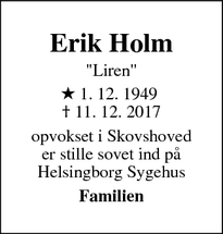 Dødsannoncen for Erik Holm - Bjuv, Helsingborg, Sverige