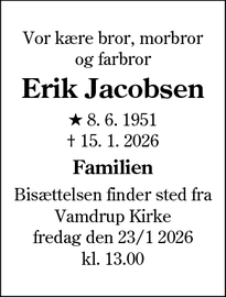 Dødsannoncen for Erik Jacobsen - Vamdrup