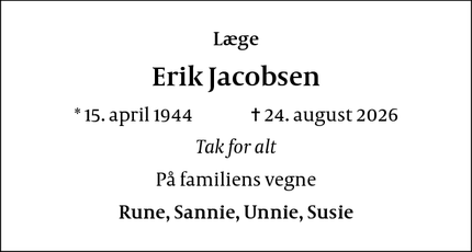 Dødsannoncen for Erik Jacobsen - københavn 