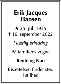 Dødsannoncen for Erik Jacques Hansen - 	Espergærde