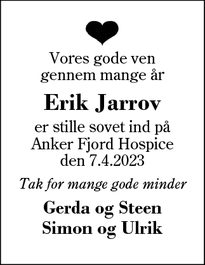 Dødsannoncen for Erik Jarrov - Arnborg 7400 Herning