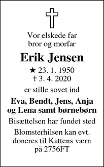 Dødsannoncen for Erik Jensen - Sparkær