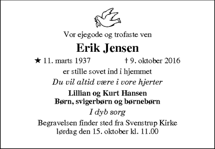 Dødsannoncen for Erik Jensen -  
