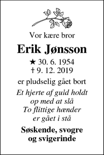 Dødsannoncen for Erik Jønsson - Karup
