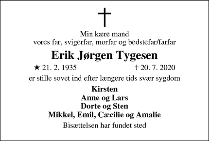 Dødsannoncen for Erik Jørgen Tygesen - Odense s