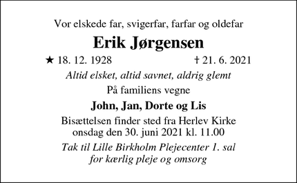 Dødsannoncen for Erik Jørgensen - Herlev