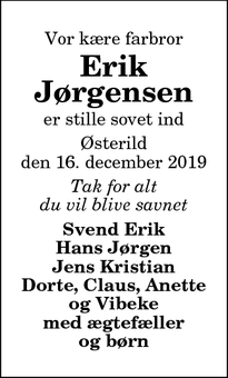 Dødsannoncen for Erik Jørgensen - Østerild