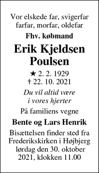 Dødsannoncen for Erik Kjeldsen
Poulsen - Harlev