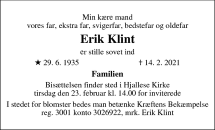Dødsannoncen for Erik Klint - Odense S