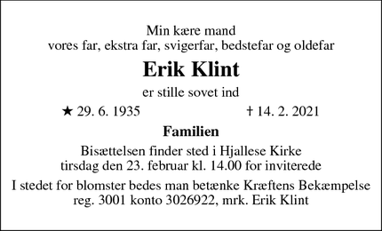 Dødsannoncen for Erik Klint - Odense S