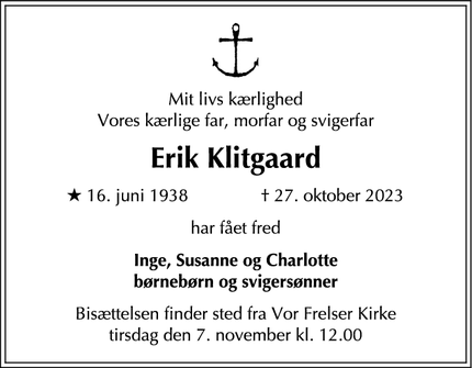 Dødsannoncen for Erik Klitgaard - København Ø