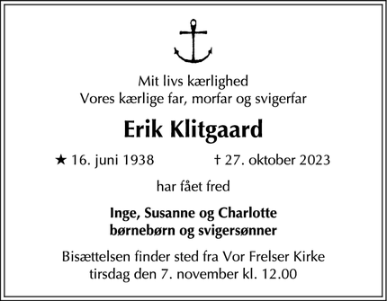 Dødsannoncen for Erik Klitgaard - København Ø