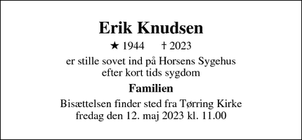Dødsannoncen for Erik Knudsen - brædstrup