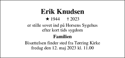 Dødsannoncen for Erik Knudsen - brædstrup