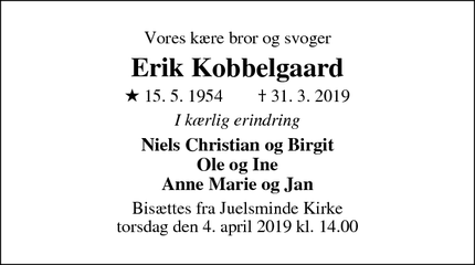 Dødsannoncen for Erik Kobbelgaard - Juelsminde