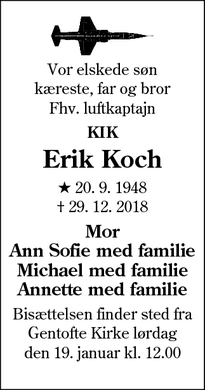 Dødsannoncen for Erik Koch - Gentofte